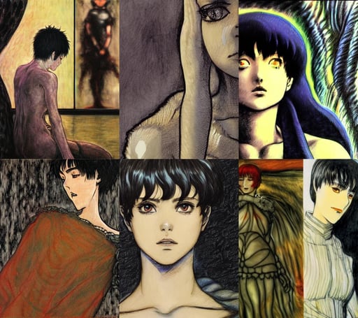 casca from berserk drawn by kentaro miura, close up, art by Gerhard Richter, surreal, a haunting scene, art by Gustav Klimt, art by Edward Hopper, teal