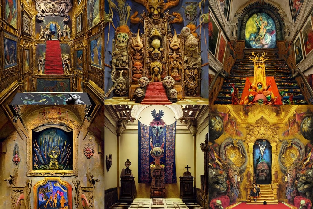 altar to an alien god, art by Rembrandt Van Rijn, with Muppets, art by Magdalena Carmen Frida Kahlo Claderón, dreamy, art by Raffaello Sanzio, Narrow steep staircase, 8k, art by Vincent Van Gogh, art by Michelangelo Buonarroti, medieval heraldry, art by Albrecht Dürer, art by Kazimir Malevich, art by Gustave Courbet, makoto shinkai, dark yellow and pink tones, art by Albrecht Dürer, sharp, art by William Blake