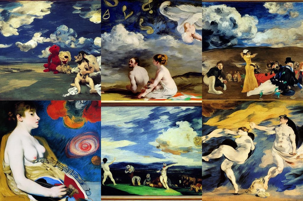 musical notes sewn into the cosmos, art by Édouard Manet, expansive sky, art by Francisco De Goya, art by Pablo Picasso, digital painting, with Muppets, gorgeous, art by Tiziano Vecellio Di Gregorio, hd 8k