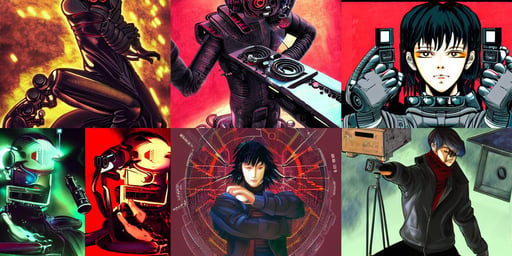 a cyberpunk camera man, art by William Blake, digital art, realistic, art by Paul Cézanne, black dragon on red background, art by Tiziano Vecellio Di Gregorio, quality render style of Masamune Shirow and Tsuaii