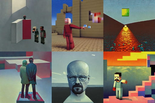 Walter White and Jesse Pinkman in Minecraft, art by Kazimir Malevich, by beksinski, ..., by WLOP, Brian Sum, spitting acid, fine detail, Filip Hodas, brutalism, art by Edward Hopper