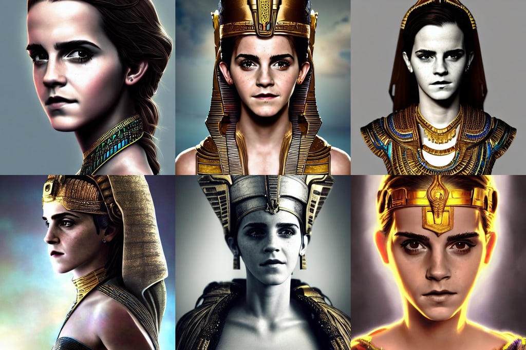 full portrait standing emma watson as ancient egyptian queen, artstation, portrait, from another world, hyper detailed, ethereal lights fade from every room, dirty and ruined image, wide-eyed