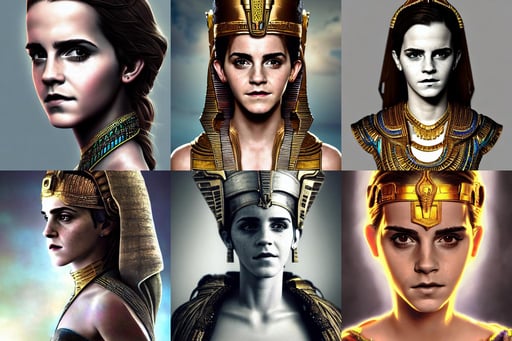 full portrait standing emma watson as ancient egyptian queen, artstation, portrait, from another world, hyper detailed, ethereal lights fade from every room, dirty and ruined image, wide-eyed