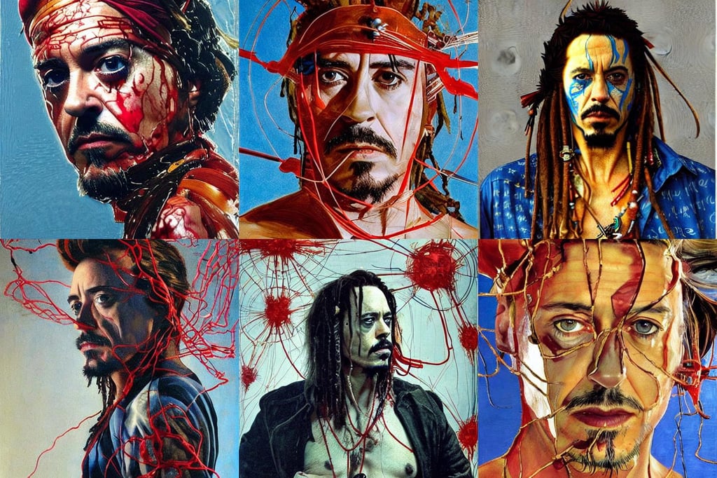 Robert Downey Jr. as Jack Sparrow, art by Jenny Saville, wonderful, art by Tiziano Vecellio Di Gregorio, smooth reflective metal, Ultra HD, art by Paolo Uccello, exposed red and blue wires on arms, trees, art by Francis Bacon, art by Winslow Homer