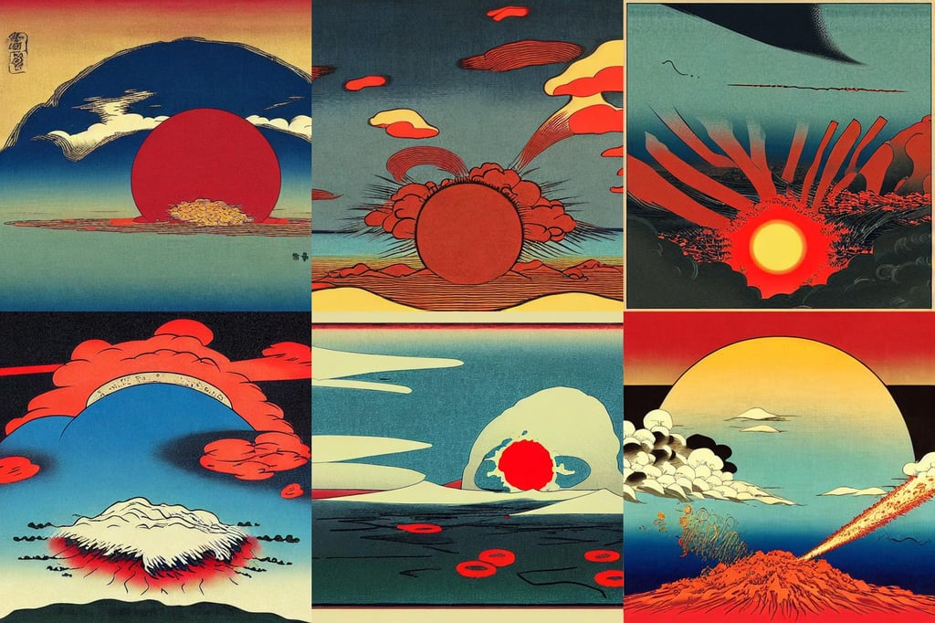 an atomic bomb detonation. In the style of Ukiyo-e., digital art, art by Gustave Courbet, synthwave style, abstract, art by Domenikos Theotokopoulos, art by Gustave Courbet, art by Domenikos Theotokopoulos, mexico, houses, art by Joan Miró, art by Leonardo Da Vinci, team, art by Diego Velázquez, Wide-angle shot, heterochromia, art by Édouard Manet, centered-shot, black and yellow shinobi shōzoku, art by Edward Hopper, hyper maximalist