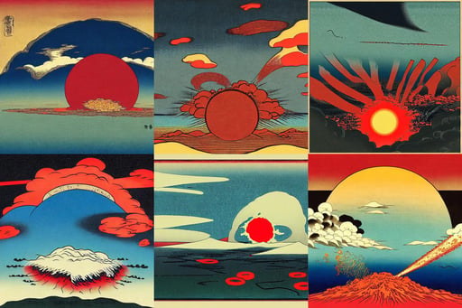 an atomic bomb detonation. In the style of Ukiyo-e., digital art, art by Gustave Courbet, synthwave style, abstract, art by Domenikos Theotokopoulos, art by Gustave Courbet, art by Domenikos Theotokopoulos, mexico, houses, art by Joan Miró, art by Leonardo Da Vinci, team, art by Diego Velázquez, Wide-angle shot, heterochromia, art by Édouard Manet, centered-shot, black and yellow shinobi shōzoku, art by Edward Hopper, hyper maximalist