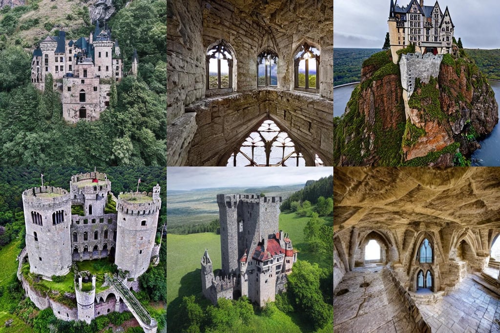 ancient gothic castle built into a cliffside, view inside a distorted asymmetrical kaleidoscope