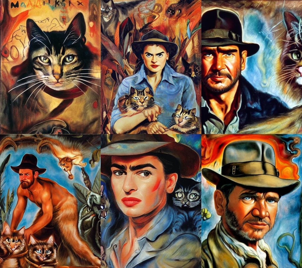 Indiana jones as a cat, art by Jackson Pollock, Anime, Animation Concept Ar..., supernova, art by Magdalena Carmen Frida Kahlo Claderón, art by Sir Peter Paul Rubens, 8k, bleu