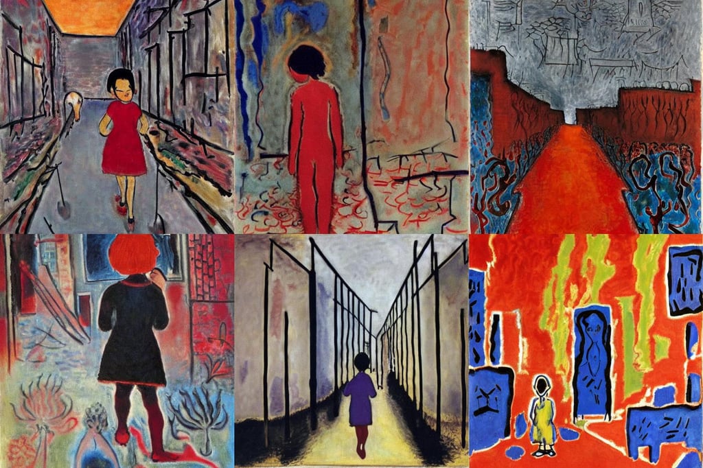 child walking through burned down village, art by Mark Rothko, crimson rain, art by Henri Matisse, insanely detailed and intricate, liberty, textured skin