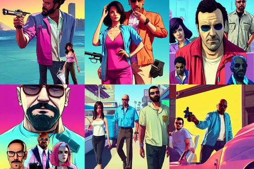 "name of the actor/actress or character", Gta vice city, gta 5 cover art, borderlands style, celshading, symmetric highly detailed eyes, trending on artstation, by rhads, andreas rocha, rossdraws, makoto shinkai, laurie greasley, lois van baarle, ilya kuvshinov and greg rutkowski, "breaking bad" or "better call saul"