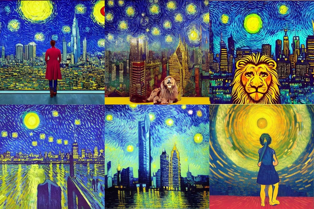 a spiritual starry Lion, skyscrapers in the distance, Light Painting, cinematography, wonderful, art by Vincent Van Gogh, fashion dress, art by Edward Hopper, Clear Reflections, art by Andy Warhol, team, horror, Light Art, ethereal lights fade from every room, art by Wassily Kandinsky - Photo, art by Johannes Vermeer, supernova, art by Jenny Saville, art by Édouard Manet