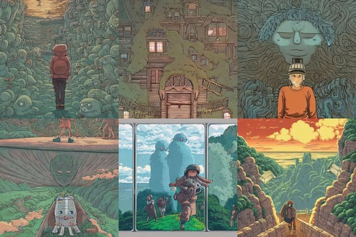 wall made of relief, fullbody, Dan Mumford and Studio Ghibli