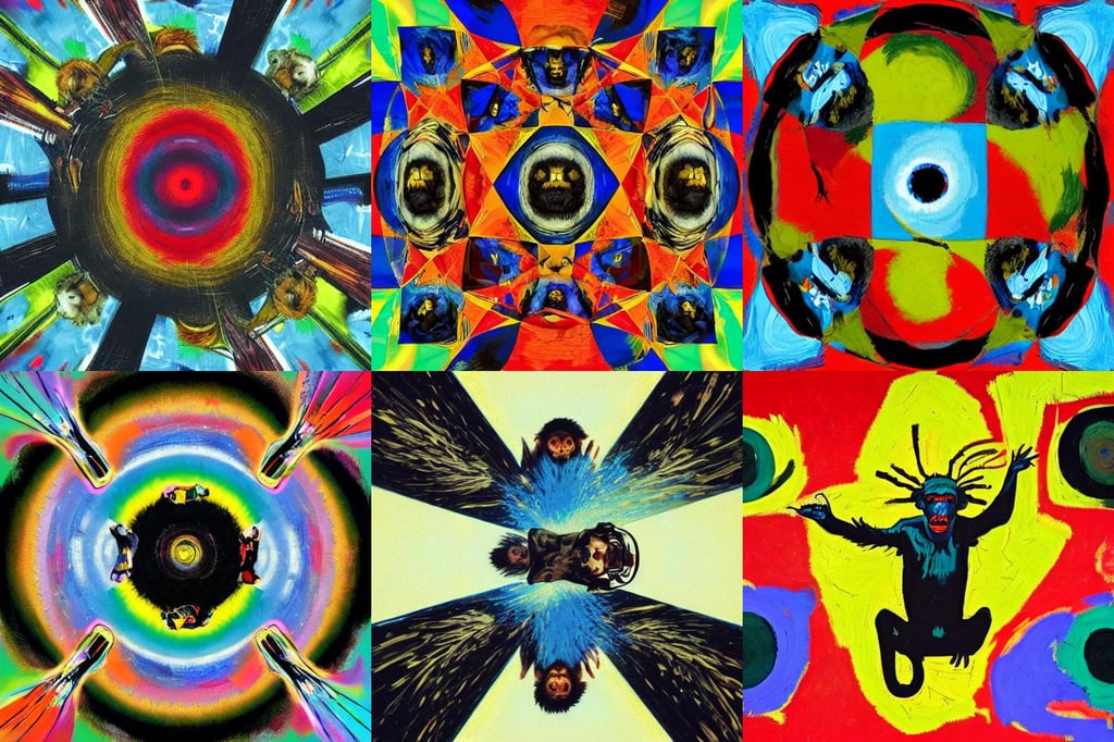 Monkey with large black angelic wings, photo realistic, art by Jean-michel Basquiat, volumetric lighting, art by Vincent Van Gogh, whirlwind, book ilustration, vector illustration, photo realistic, art by Joan Miró, art by Winslow Homer, art by Pablo Picasso, view inside a distorted asymmetrical kaleidoscope, Super-Resolution