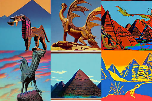 an exquisite sculpture of an egyptian dragon, Rocky Mountains in the distance, liberty, ultrawide cliff scene, art by Andy Warhol