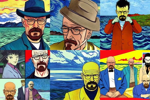 walter white in jojo manga style, along the lake, art by Edward Hopper, art by Edward Hopper, Animation Concept Ar..., art by Vincent Van Gogh, spectacular, mexico, art by Domenikos Theotokopoulos