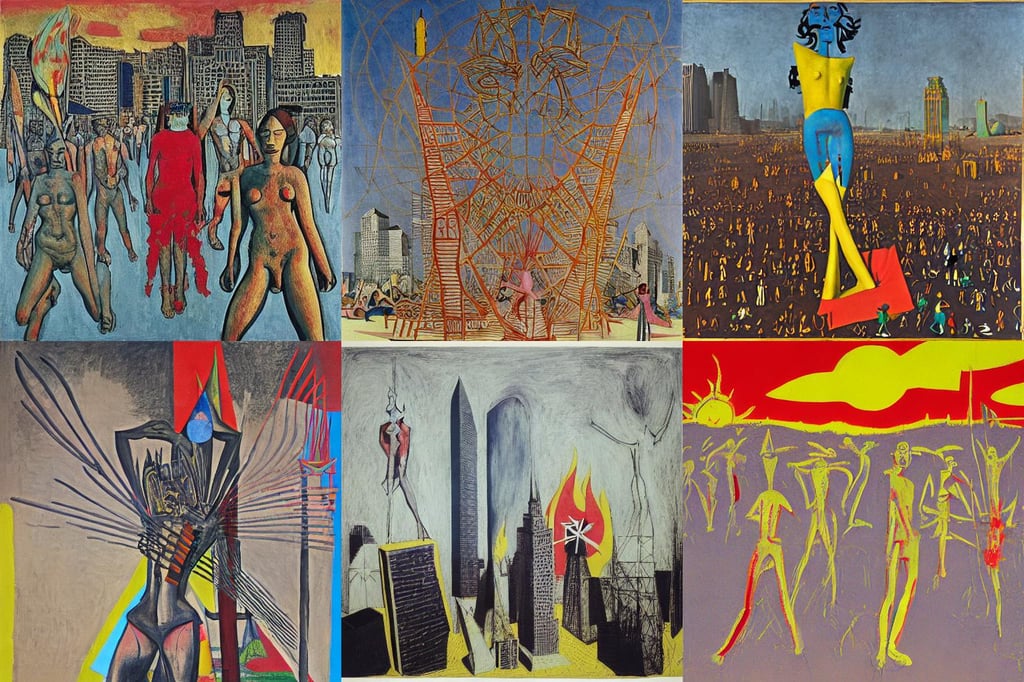 burning man effigy on fire, skyscrapers in the distance, art by Andy Warhol, art by Paolo Uccello, art by Pablo Picasso, art by Pablo Picasso, art by Jan Van Eyck, freckles, real..., art by Piet Mondrian, big pecs, art by Hilma Af Klint, art by Eugène Delacroix, art by Michelangelo Buonarroti, art by Caspar David Friedrich, art by Caspar David Friedrich, daytime