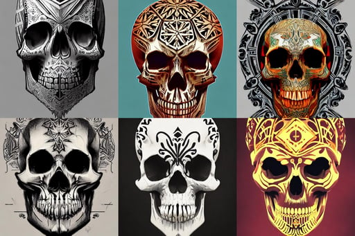 concept art skull by jama jurabaev, the skull is decorated with art deco patterns, cinematic shot, trending on artstation, high quality, brush stroke