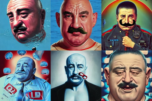 portrait of a fat and bald Robert deniro with a mustache as a policeman, art by hajime sorayama, dan druid eye final mask, under water visual distortion, bright morning, high quality printing, Red camera, frighten, bump mapping, a detailed matte painting by Kitagawa Utamaro, cinematic pose, long blue cape, spaceships, inspired by ross tran and wlop and masamune shirow and kuvshinov, cutely dressed, cg society, but cannot sate. The mind from direction fails, illustration | drawn by wlop, 746017696, by Sebastian Luca from artstation, coffee art