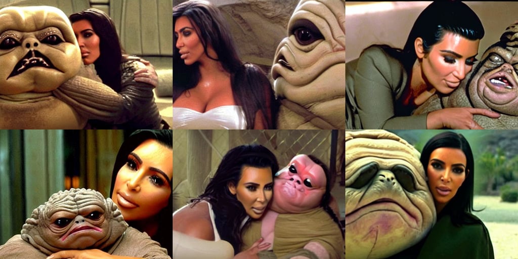 A film still of kim kardashian as princess leigha cuddling jabba the hut in star wars