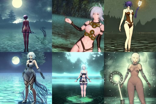 beautiful determined goddess standing in a lake basking in the moonlight, humanoid, inspired by nier, genius party