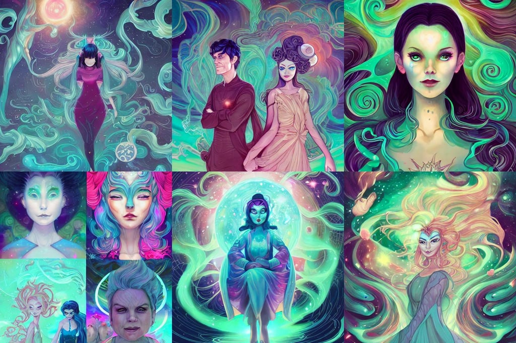 portrait of a cosmic goddess, art by lois van baarle and loish and ross tran and rossdraws and sam yang and samdoesarts, green dress, flowing aqua silk, sigils, toxic clouds, no face, jim carey as lloyd christmas beside jeff daniels as harry dunne ( from dumb and dumber ), by range murata and artgerm rendered with 3 d effect, art by artgerm - in the style of final fantasy and studio ghibli, symmetrical | art by hirohiko araki & jean giraud & artgerm, by nagel