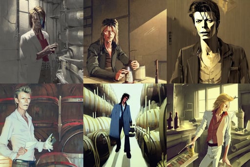 david bowie 1 9 7 3 working in a winery, wallpaper, painted by greg rutkowski makoto shinkai takashi takeuchi studio ghibli jamie wyeth, with white hair shoulder length wavy hair, egyptian cyberpunk, detailed concept art, diffused light