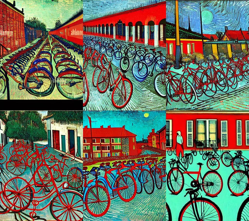 thousands of bicycles parked, suburban street, art by Paolo Uccello, red, cyan, mayan culture, art by Vincent Van Gogh