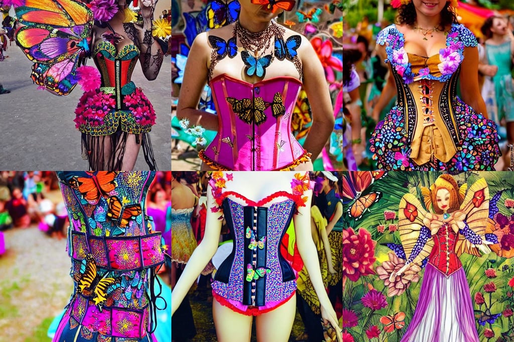 a flower consisting of different butterflies in a beautiful fantasy world, moroccan festival, wearing corset