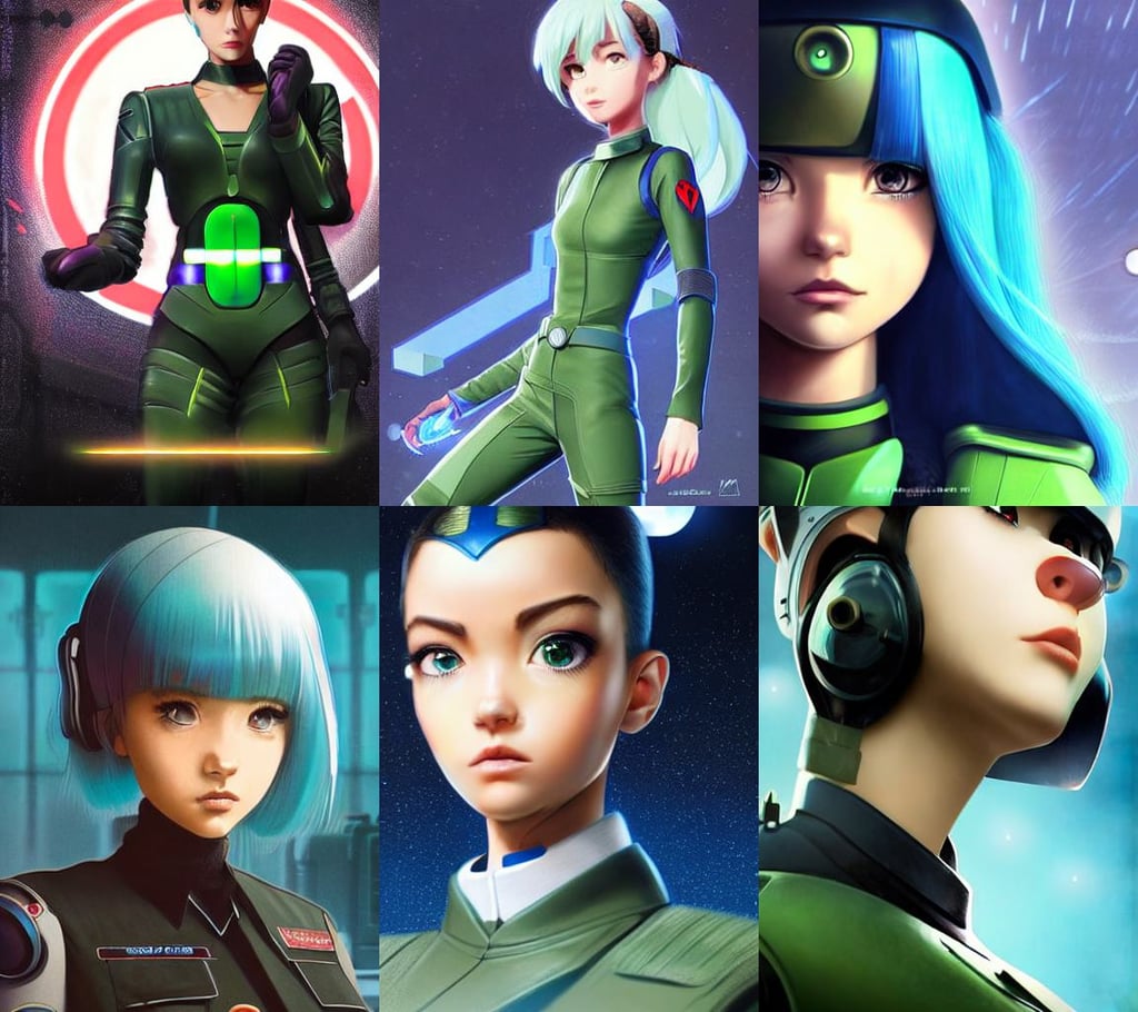 sci - fi pixar anime bot movie poster portrait photo of madison beer, Victor Mosquera, with stunning green eyes, sls launch, fiction, lens flares, very detailed anime face by ilya kuvshinov, sky blue hair, digital art by ruan jia and mandy jurgens and artgerm, fitted black leather military commander nazi uniform