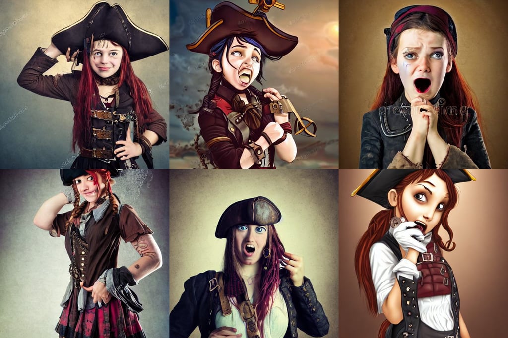 portrait of a rugged steampunk pirate, dressed as schoolgirl, scared and crying, smooth color, happy expression, angular, first light, swirl mist, small girl with black hair