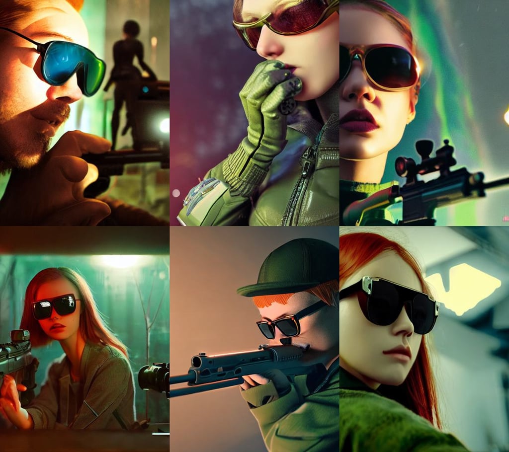 high depth, galactic dmt entity, Earl Moran, scene, wearing sunglasses, liam wong, realistic close-up face of cute young redhead girl, Atmospheric lighting, Aoshima, bolt action rifle, green skin. intricate