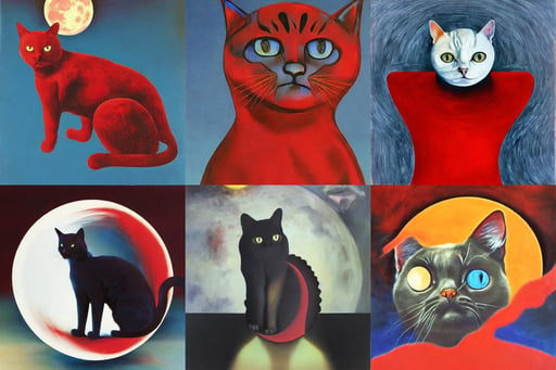 cat shaped moon by Aleksey Bayura, red oil, full body portrait, art by Tiziano Vecellio Di Gregorio, art by Gerhard Richter