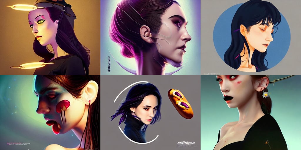 side portrait of beautiful vampire, mismatched, art by artgerm and brian sum cinematic lighting, asymmetrical, pretty Stella Maeve witch doing black magic, clematis theme logo, starship in a shape of an hot dog, painting by goro fujita