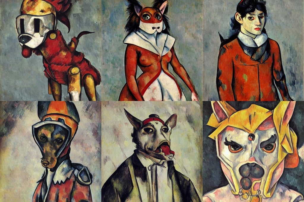 a anthropomorphic dog as thundercat, fashion dress, symmetrical face, illustrative, extreme quality, real..., dirty and ruined image, art by Paul Cézanne, art by Jan Van Eyck, cute anime girl, heterochromia, dressed with white silk with gold ornaments in the edge