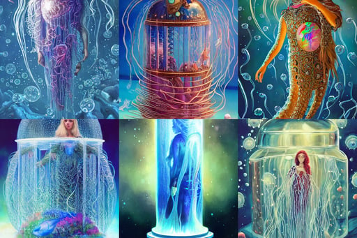 a beautiful painting of a cylindrical aquarium with a lot of jellyfish, in the film 2 0 0 1 a space odyssey, fullbody painting, ornate filigree armor, blue fire, snow, trending by artstation, light iridescent hair color, holding a hoagie, cinematic camera