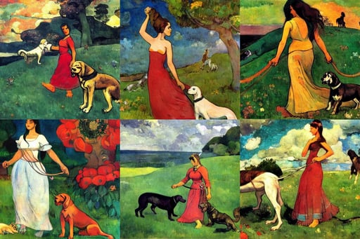 goddess and her hound, art by Winslow Homer, art by Paul Gauguin, pixar style, realism