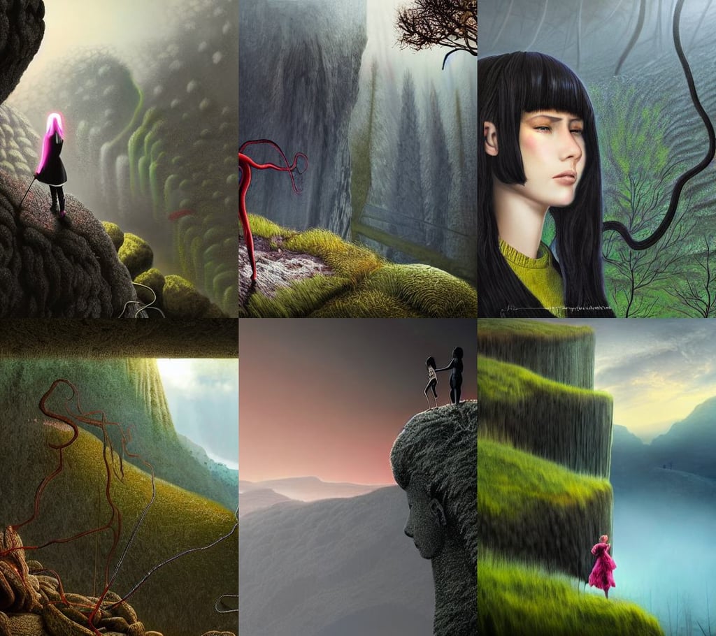 a girl with a black bob hairstyle standing on a cliff overlooking a forest. digital illustration, for AAA game, 3d final render, made of engrenage by zdzislaw beksinski, pencil art on paper, giant paintbrush in hand, background blur, spring season, neon advertisements, covered with black spinal ribbed tentacles black flesh black meat on white exoplanet