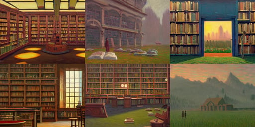 The sacred library by Simon Stålenhag and Claude Monet, oil on canvas