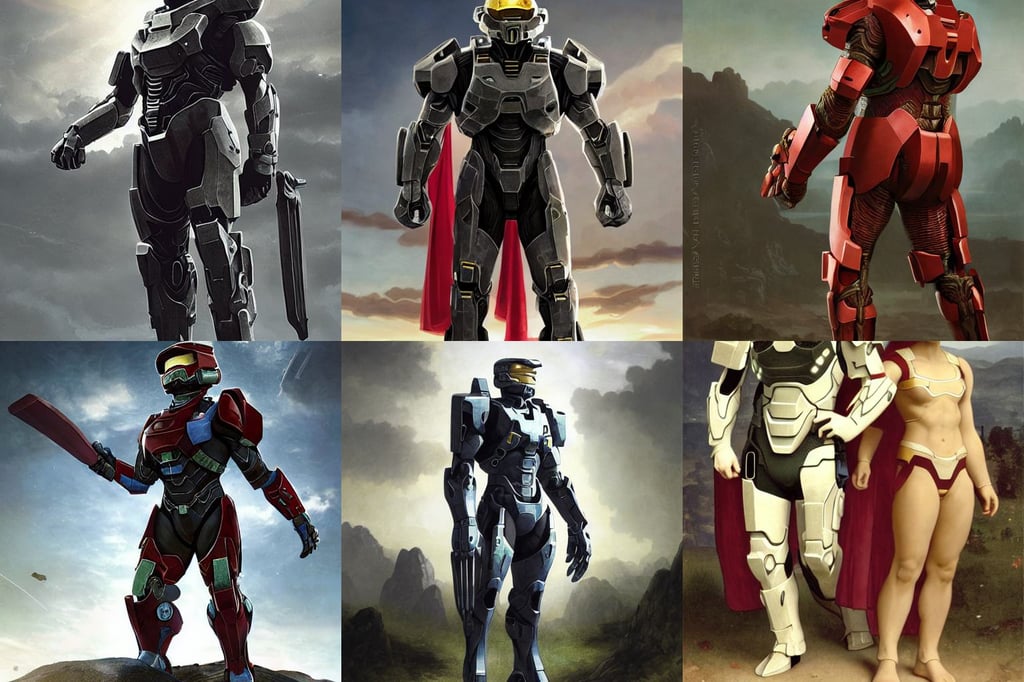 Henry Cavill wearing Forerunner armor from Halo, positive, fair complexion, by sahm, old - trimmed uniform with a red sash around his waist, cyborg dwarf man with long legs, art by gregory crewdson and francis bacon and artgerm and wlop and william - adolphe bouguereau, 16K resolution, posing together in bra, frills, 108 megapixels