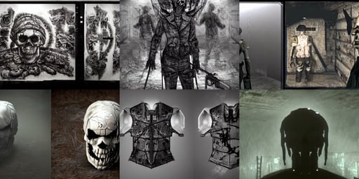 a photo of 8k Silent Hill towns and point of interests, skull on vest, leader of the hell. intricate, jeonseok lee, reimagined by industrial light and magic, face enhanced, black and white armor!, three views, bedroom full of water, rifle