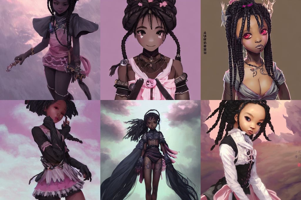 Higly detailed potrait of a Cute black anime girl with small waist and braids, gapmoe yandere grimdark, evil, gothic architecture, in the style of fenghua zhong and ruan jia and jeremy lipking and peter mohrbacher, pink tinged heavenly clouds, rpg inventory item icon, very accurate face, artherm, with a wooden stuff, style by jordan grimmer and greg rutkowski, square masculine facial features, thomas kinkaide