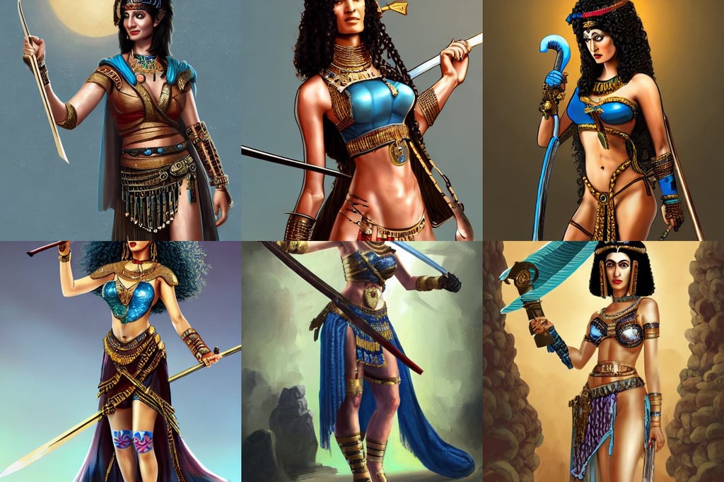 melina kanakaredes as cleopatra, wielding a katana, partly! blue and brown hair, in the style of artstation, hot petite, maximalism, preserved historical, ignacio fernandez rios, exotic god features