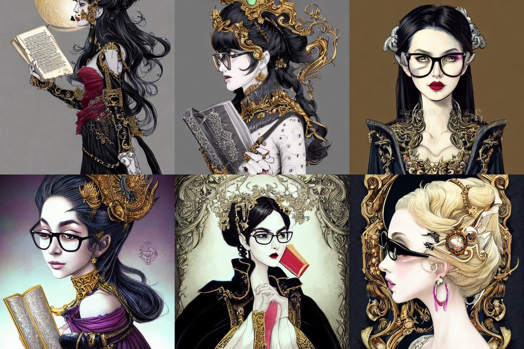 side portrait dark witch with eyeglasses, fantastical, holding a tattered book, iridescent accents., dark background. trending on artstation an ultrafine detailed colorfull illustration by kim jung gi, ornate white officers outfit with gold embellishments, handsome and elegant