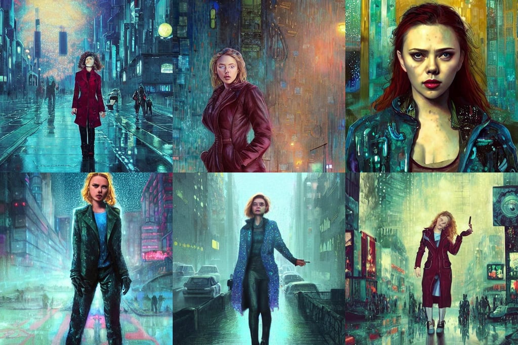 scarlett johannson as the final girl, turquoise background, she is wearing a wet coat, art style by klimt and nixeu and ian sprigger and wlop and krenz cushart., award - winning photo, by john jude palencar, background sprawling futuristic cityscape with glowing lights. arch viz, demon art, fine details. realistic shaded lighting anime manga artwork by katsuhiro otomo, character design by mark ryden and pixar and hayao miyazaki, teen titans, soft lustrous biotech raver white clowncore galactic cyborg, soft torchlight in an egyptian tomb, long curled pink dyed hair, wearing black frame glasses, brown eyes, magic the gathering artwork, leds! horizon zero dawn machine