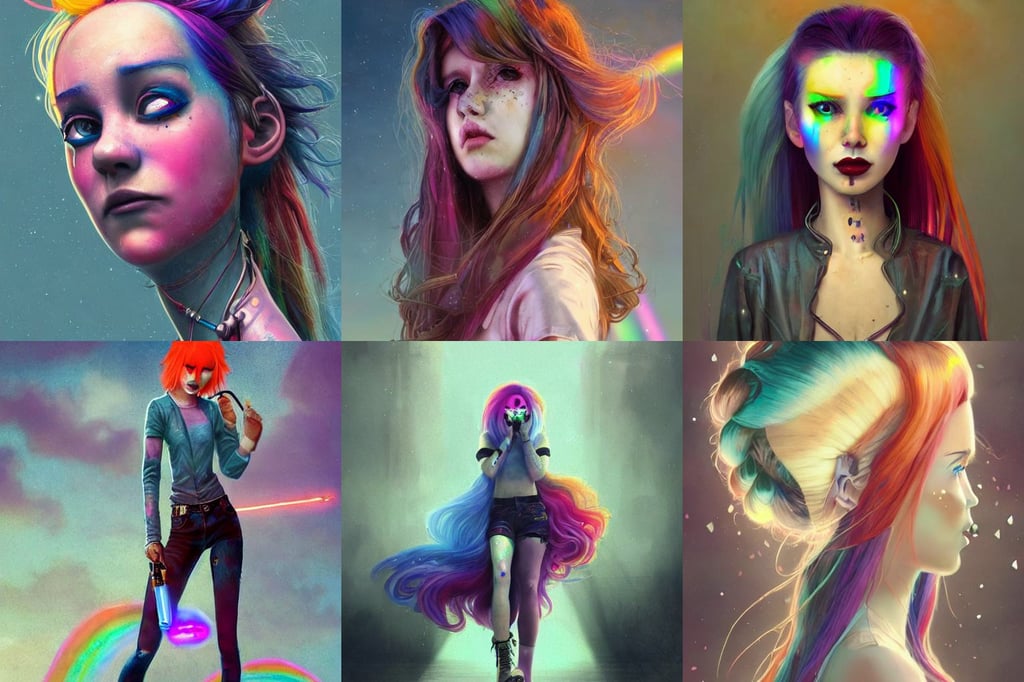 realistic attractive grungy woman with rainbow hair, beautiful shiny white porcelain rich garbage iridescent edc star wars clowncore cyborg college girl, by greg rutkowski and cory loftis trending on artstation, soft orange laces, in the style of Pixar and Disney, 60s, sigils, hazel eyes, smog, dreamy mood, billboards, dark brown flowing long hair, symmetry. charachter illustration. Dmt entity manifestation. Surreal render, zdzislaw beksinski, ink style, retro computer graphics, artgerm and wlop, 2 d cartoon, profile picture by greg rutkowski, floral bling, by jorge jacinto