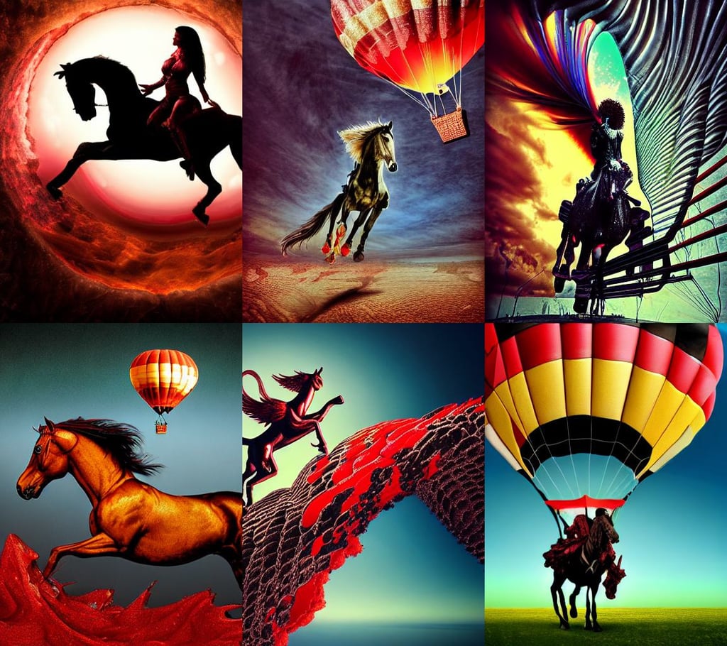 the second horseman of the apocalypse riding a red stallion, good against evil, hot air balloon, black leggins, pretty face!!, mandelbulb, cmyk separation