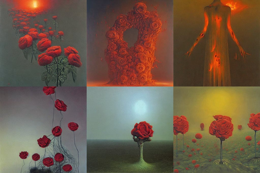 Four of the roses were on fire, by Zdzislaw Beksinski, oil on canvas