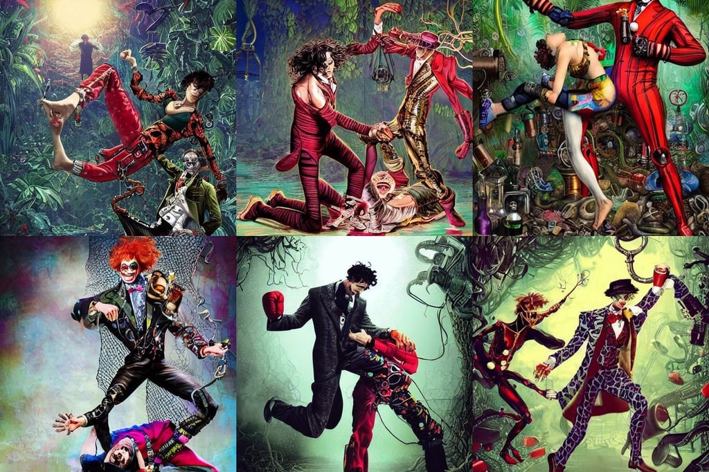 sherlock holmes punching mr hyde, detailed digital artwork, vibrant aesthetic, wearing elaborate jewelry : : as clownpunk cyborg woman by pixar : : by weta, spells, beer mug in hand, on a foggy beach, art by Yoshitaka Amano, Young man with advanced red and black iron suit. Detailed, two people doing acroyoga in a jungle, by maciej kuciara, high face detail, wreaking havoc on a large cyberpunk city