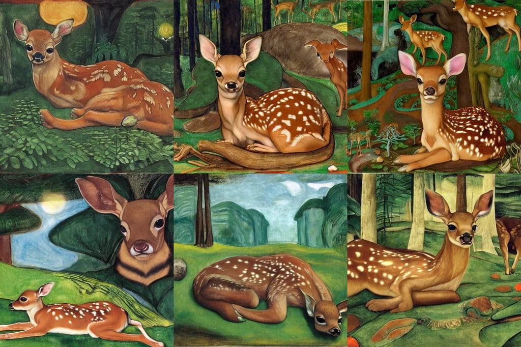 cute fawn curled up on the forest floor, mayan culture, peaceful and softly landscape who has Namek’s villages with a female character flying trough the sky, art by Mark Rothko, art by Edvard Munch, art by Andrea Mantegna, setting concept:4, cinematic lighting, art by Michelangelo Merisi Da Caravaggio