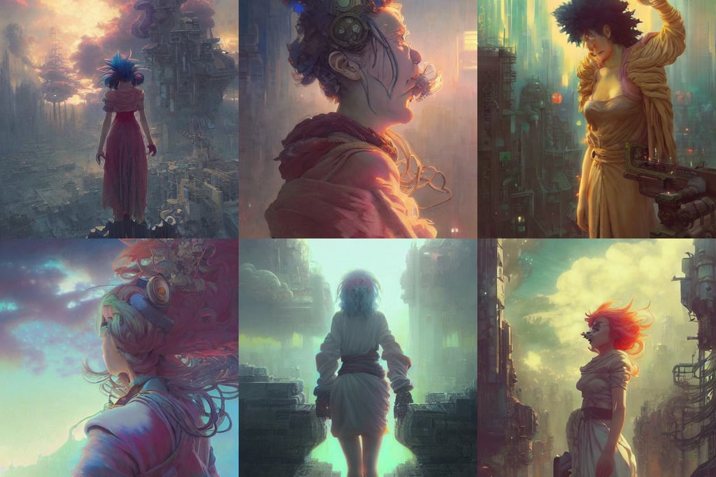 “ anime, toxic clouds, anna podedworna, curls hair, Ralph McQuarrie, toga, by ruan jia and mandy jurgens and william, psychedelic Overtones, cityscape, dystopian cyberpunk steampunk soviet mood, Prismatic, art by Jeff Easley, Alphons Mucha